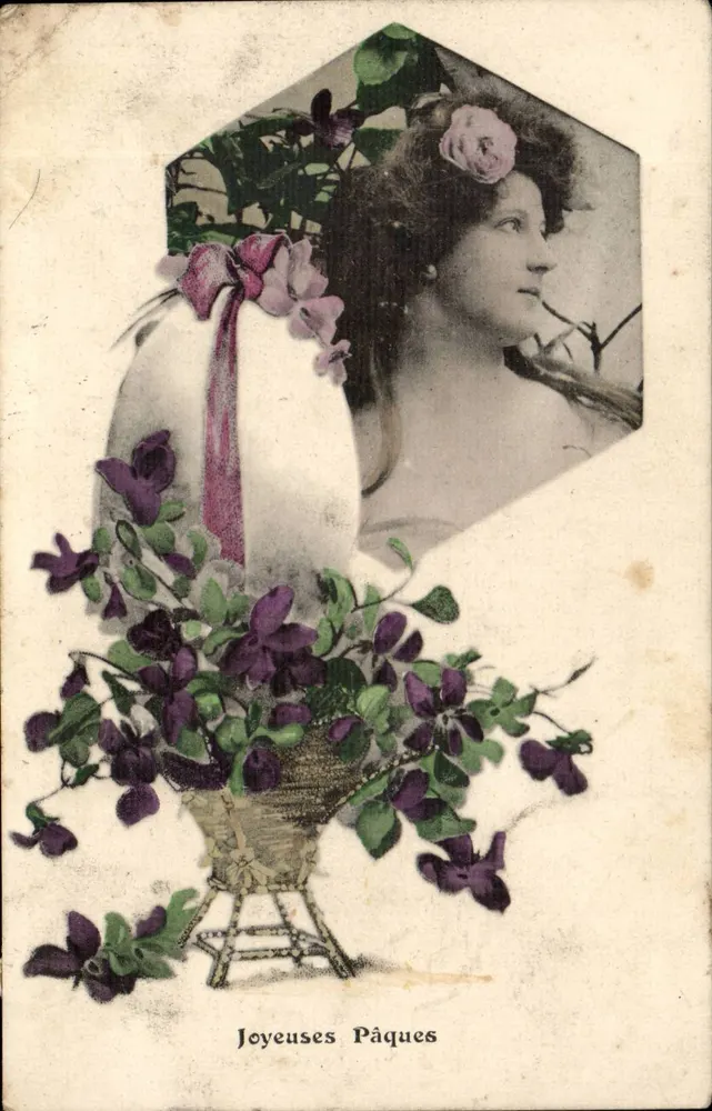 Frau mit Violets — Frohe Ostern — Verlag nicht sichtbar - Vorderseite
