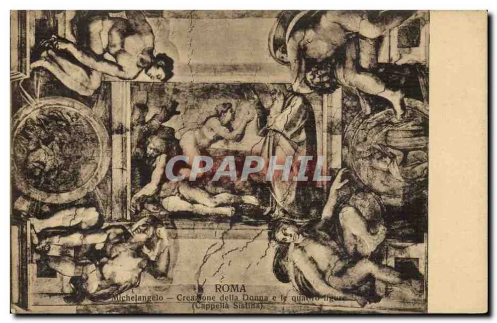 Roma — Michelangelo — Criação da Senhora e as quatro figuras — Cappella Sistina — Ernesto Richter, n°1463 - Frente