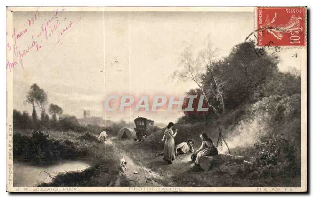 Cena de acampamento perto de um curso d'água — J. W. Gozzard, Pinx. — Fotogravura, M. & A. P. Féc. - Frente