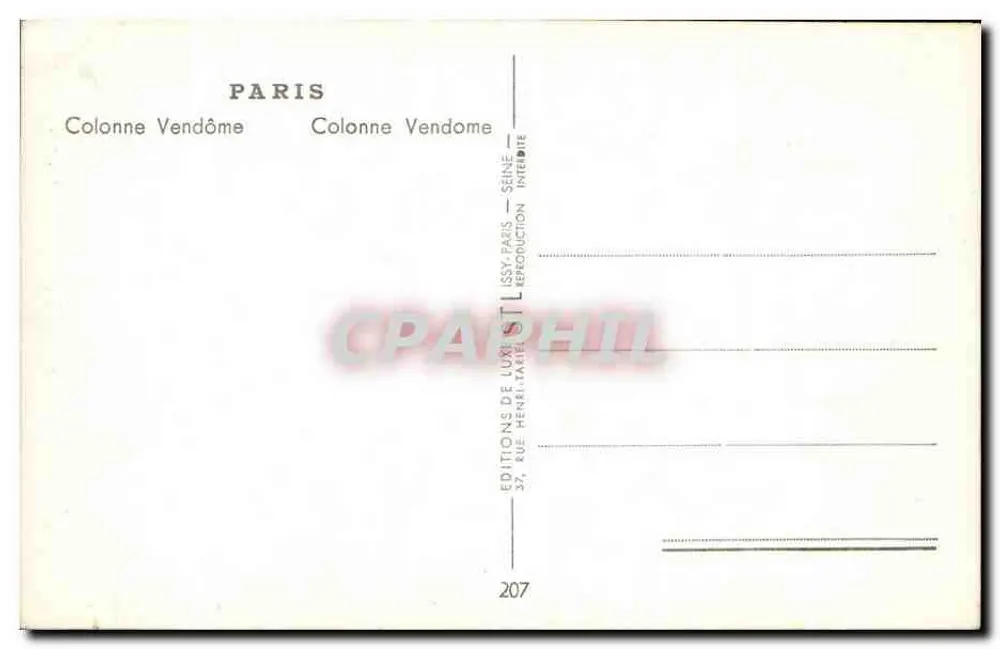 Coluna Vendôme — Paris — Éditions de Luxe Henri-Marié - Verso