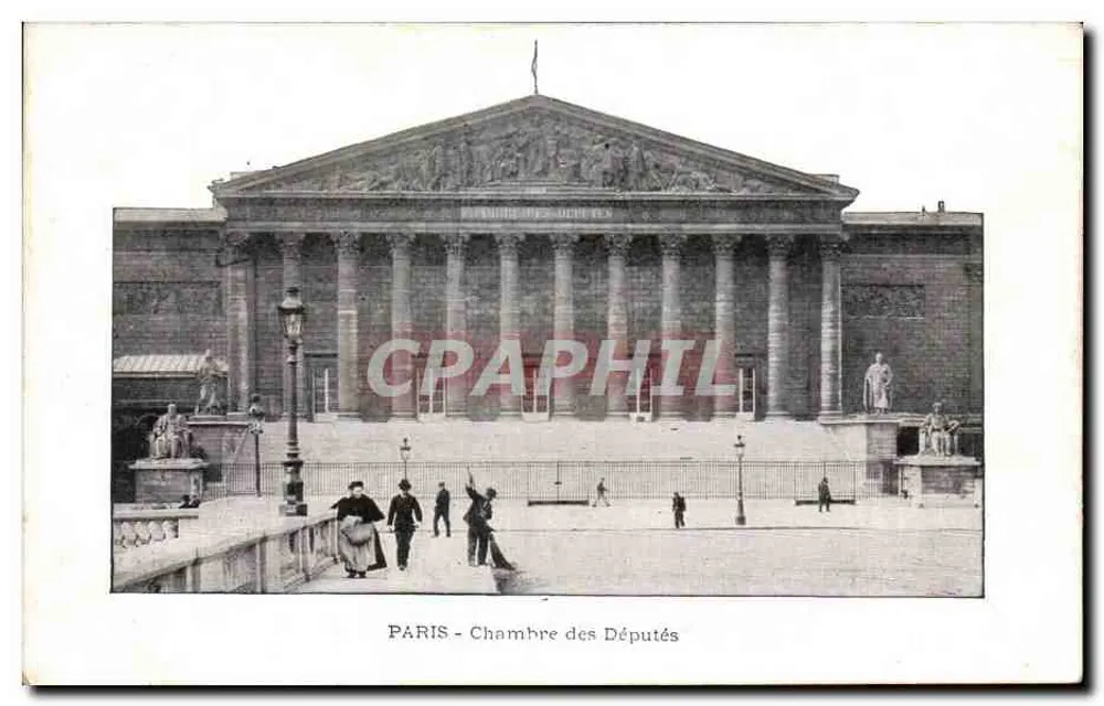 Paris - Câmara dos Deputados — vista do edifício com colunatas e estátuas — editor não identificado - Frente