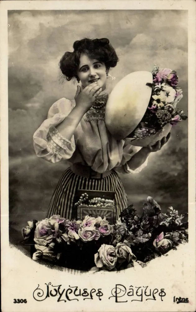 Frau mit großem Obst und Blumenstrauß — Irène, Nr. 3306 - Vorderseite