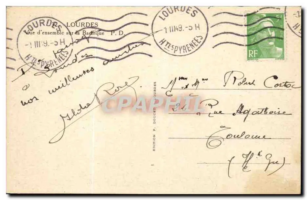Lourdes — Vista geral da Basílica — Edição P. Doucet, n° 11149 - Verso