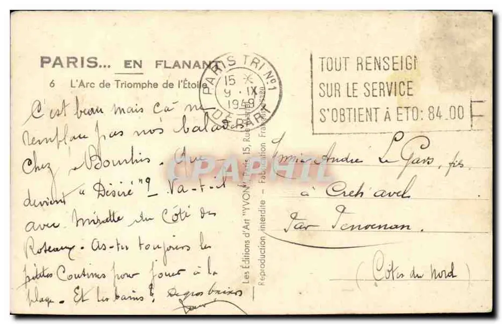 Arco do Triunfo — Paris — Edições d'Art Lyon - Verso