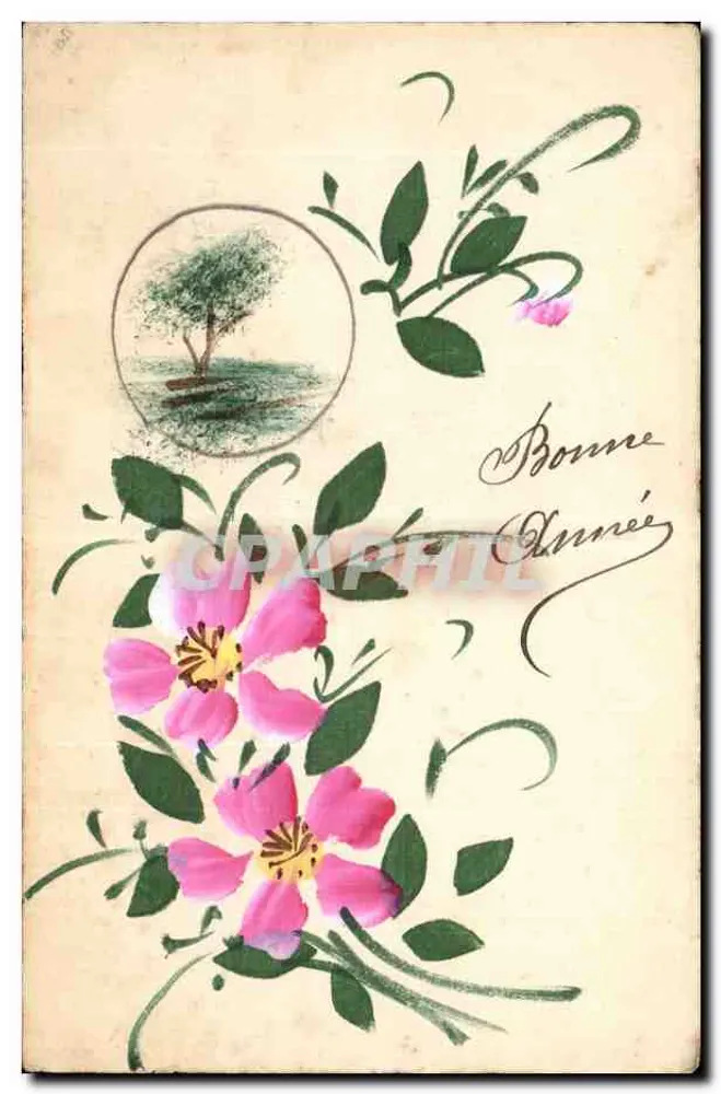 Blumen und Baum — Frohe Neujahr — Ansichtskarte datiert 1919 - Vorderseite