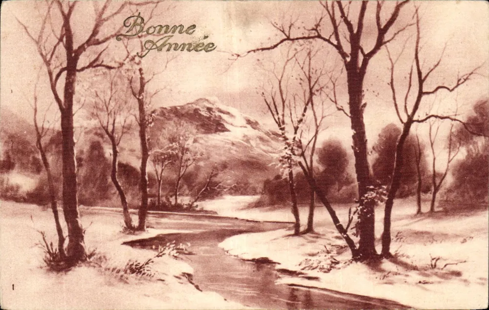 Winterlandschaft — schneebedeckter Berg, Fluss, nackte Bäume — Text 'Bonne Année' — Verlag nicht sichtbar - Vorderseite
