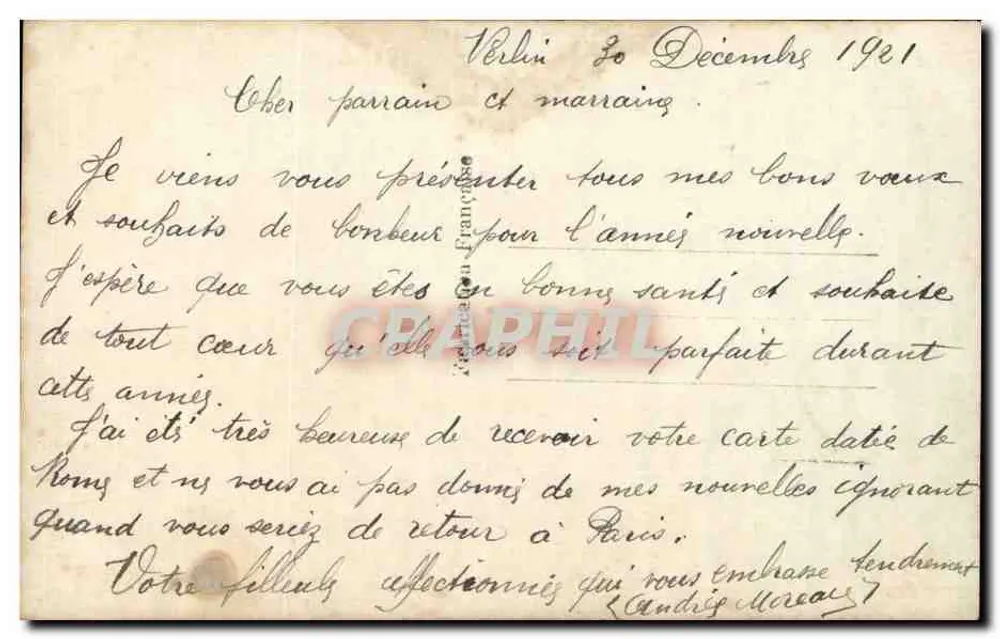 Frau mit violettem Hut — Blumendekor und schneeverdeckte Kirche — REX 1262 - Rückseite