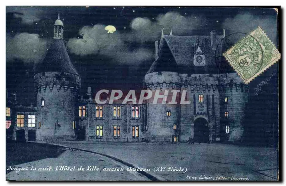 Jonzac in der Nacht. Das Rathaus, ehemaliger Schloss (15. Jahrhundert) — Henry Guillier, Verlag Libourne - Vorderseite
