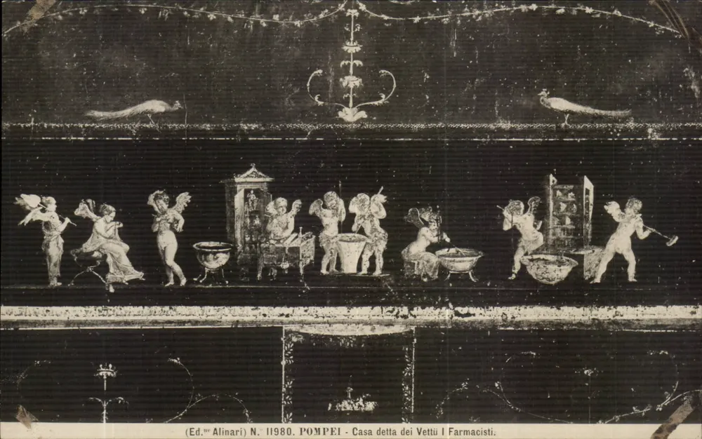 Pompei - Casa detta dei Vettui Farmacisti — Fresko mit Putti — Ed. Alinari N. 11980 - Vorderseite