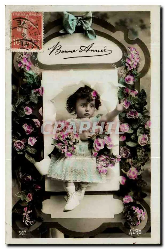 Kleine Mädchen In Blauem Kleid — Blumenrahmen Mit Aufschrift 'Guten Jahresbeginn' — Verlag AÉRO, Nr. 567 - Vorderseite