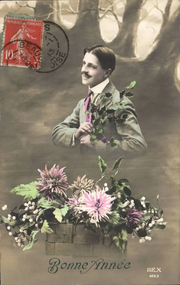 Junge Mann mit Blumenstrauß — Frohe Neujahr — REX 4263 - Vorderseite