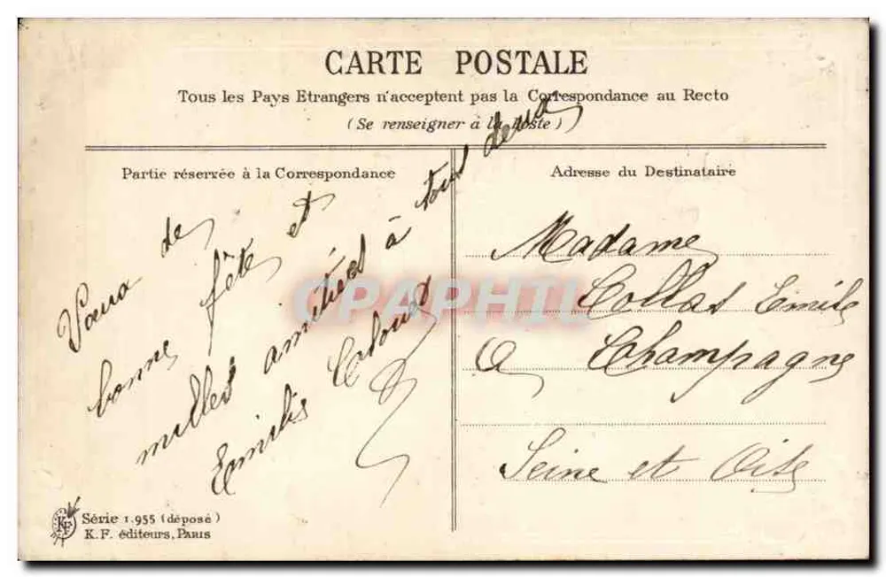 Zwei Tauben mit einem Korb voller Veilchen — Frohe Feiertage — Verlag K.F., Paris, Serie 1.955 - Rückseite