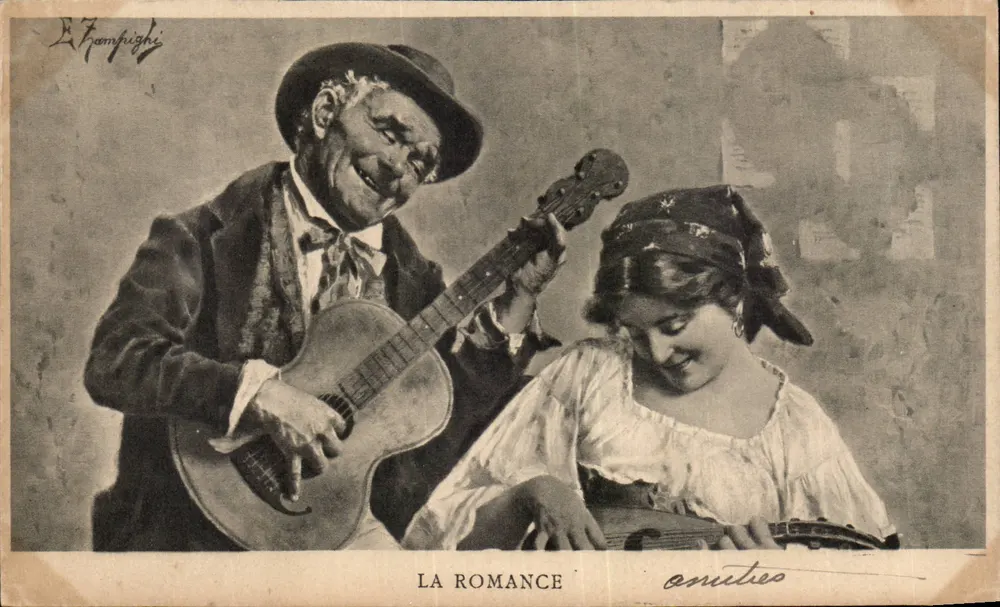 Ein Musiker und eine junge Frau — Die Romantik — E. Frompighi - Vorderseite