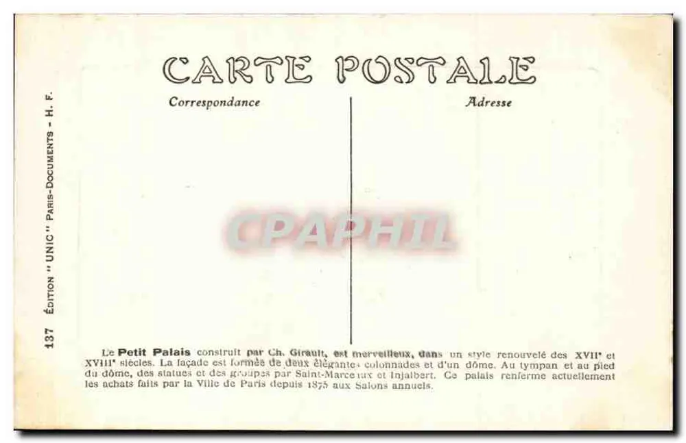 Kleiner Palast oder Palast der schönen Künste — Paris — Ausgabe H.F. Nr. 137 - Rückseite