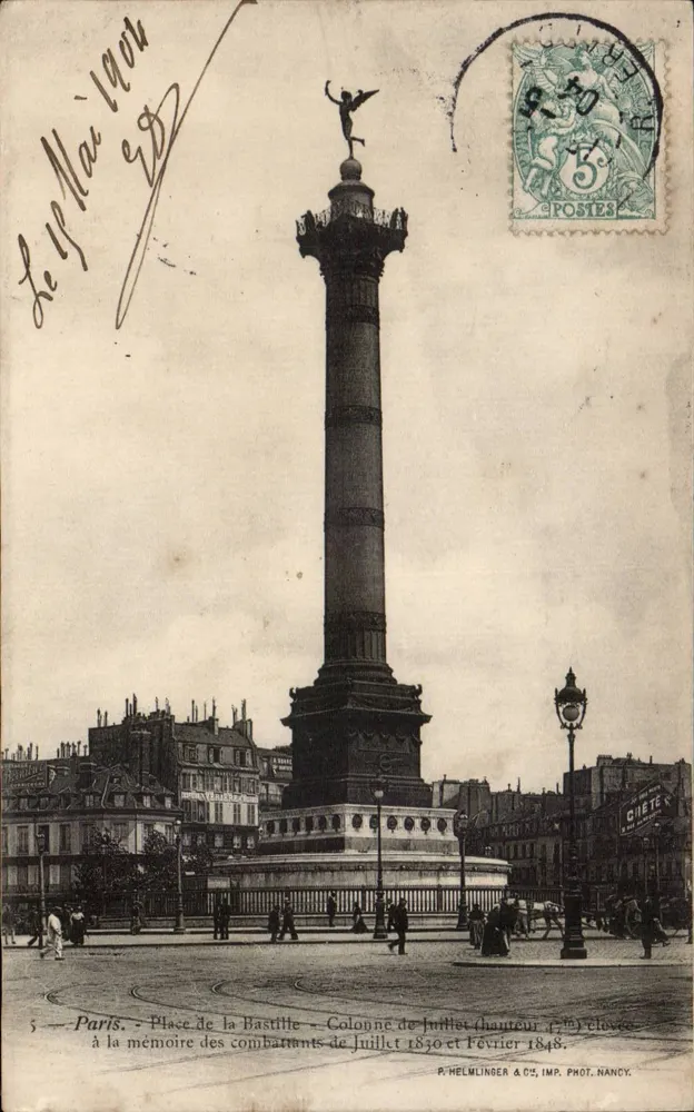 Paris — Place de la Bastille — Siegessäule (Höhe 47') Verlag R. Helmlinger & Cie, Phot. Imp. Nancy - Vorderseite