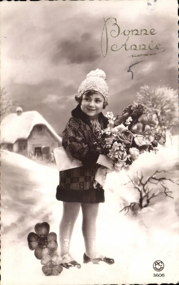 Schneefrau mit Blumenstrauß — Frohe Weihnachten — PC PARIS 3606 - Vorderseite