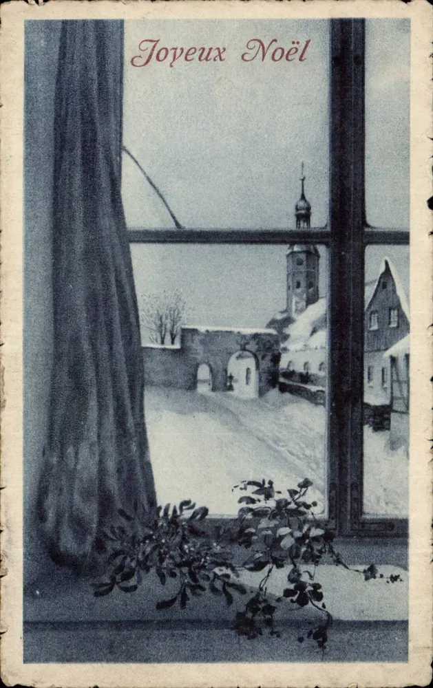 Ansicht eines schneereichen Dorfes — Frohe Weihnachten — unbekannter Verlag, Seriennummer nicht sichtbar - Vorderseite