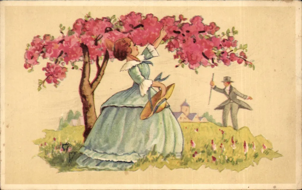 Frau in blauer Kleidung, die Blumen unter einem Baum pflückt — Illustration — Les Petits Paniers, Saint-Hilaire-en-Baleau - Vorderseite