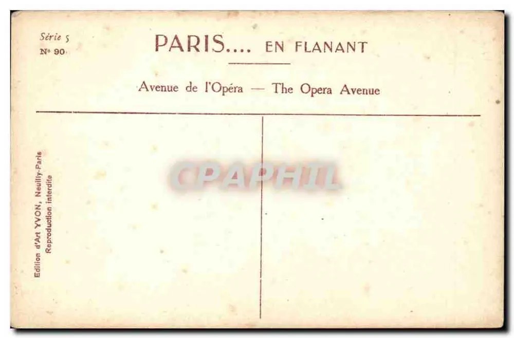 Paris — Avenida da Ópera — Edição de Arte YVON, Série 5, N° 90 - Verso