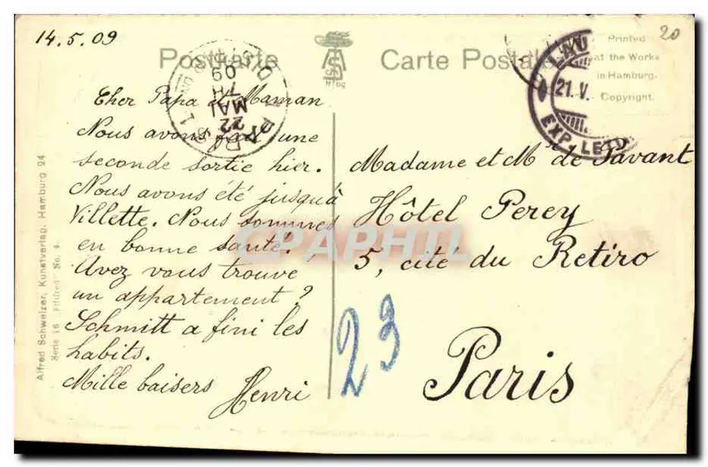 Jeune femme au chapeau — portrait de profil — Alfred Schweizer, série 16, n°23 - Rückseite