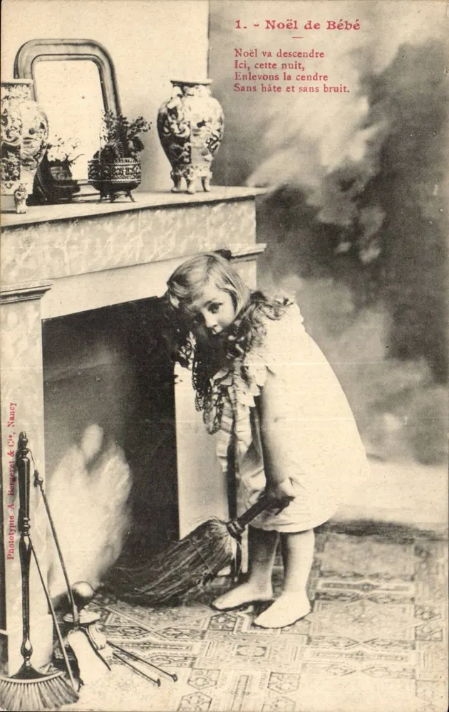 Weihnachten für das Baby — Weihnachtszene mit Kind vor dem Kamin — Phototype A. Heswert & Cie, Nancy, Nr. 1 - Vorderseite