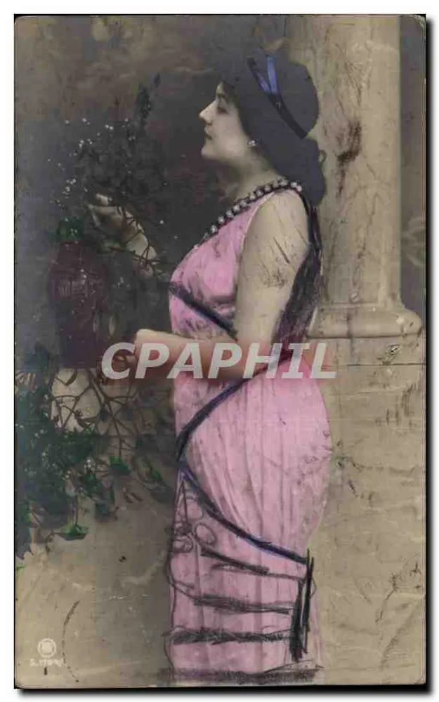Femme en robe rose — scène de jardin — éditeur S. STEPHAN - Vorderseite