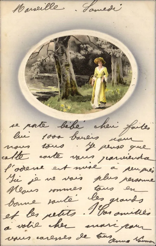 Marseille — Samstag — Ansichtskarte mit Illustration einer Frau in einem gelben Kleid im Park - Vorderseite