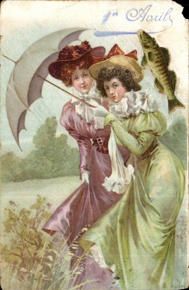 Zwei junge Frauen mit Schirm und Fisch — 1. April — unbekannter Verlag - Vorderseite
