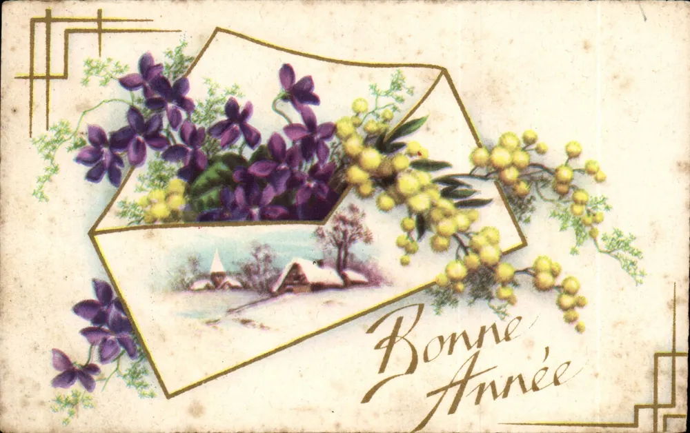 Violett- und Mimosenblüten — Frohes Neues Jahr — In Frankreich gedruckt - Vorderseite