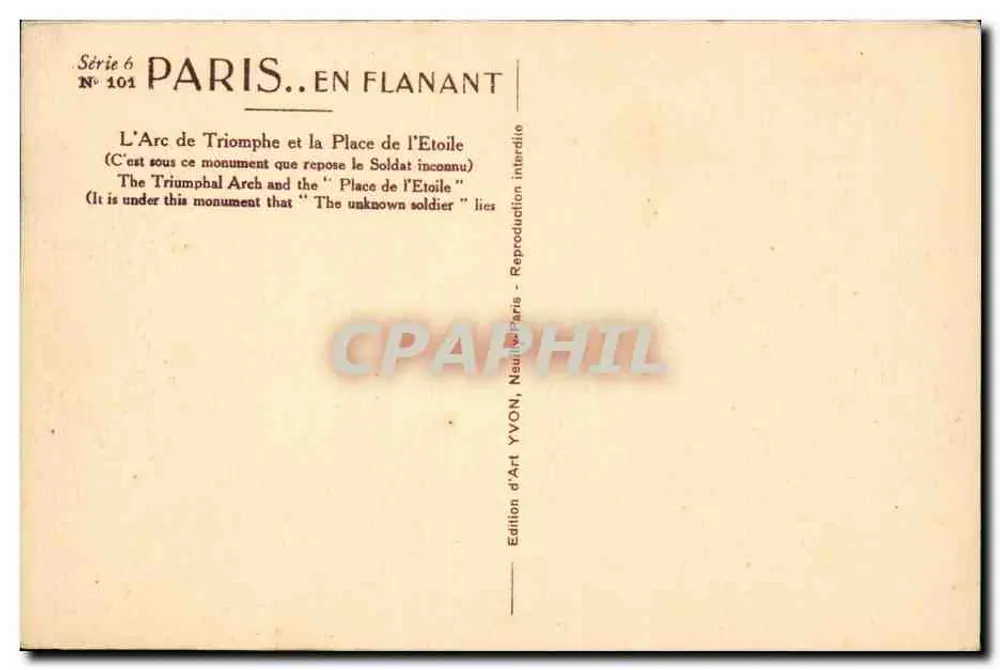 Arco do Triunfo — Paris — Edição de Arte YVON, N°101 - Verso