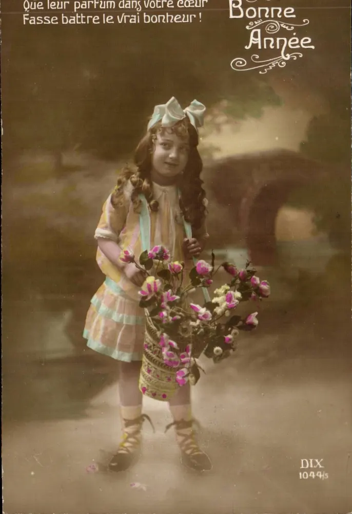Mädchen mit Blumenkorb — Frohe Neujahr — DIX 1044/s - Vorderseite
