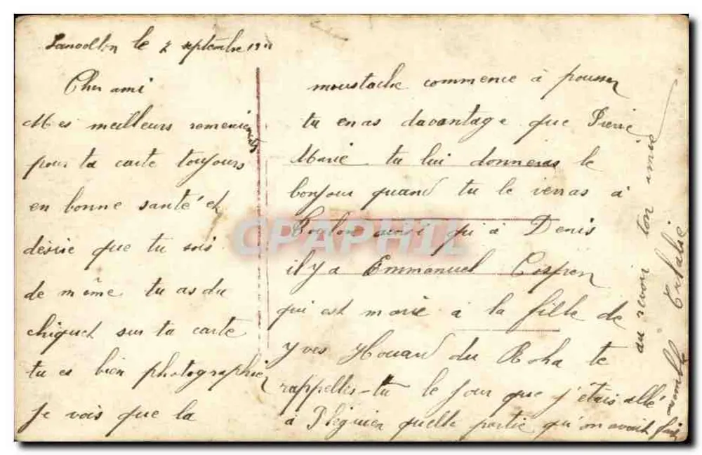 Eine Frau in einem blauen Kleid mit einem Rosenstrauß — Ein Kuss — Verlag P. D. n° 4420 - Rückseite