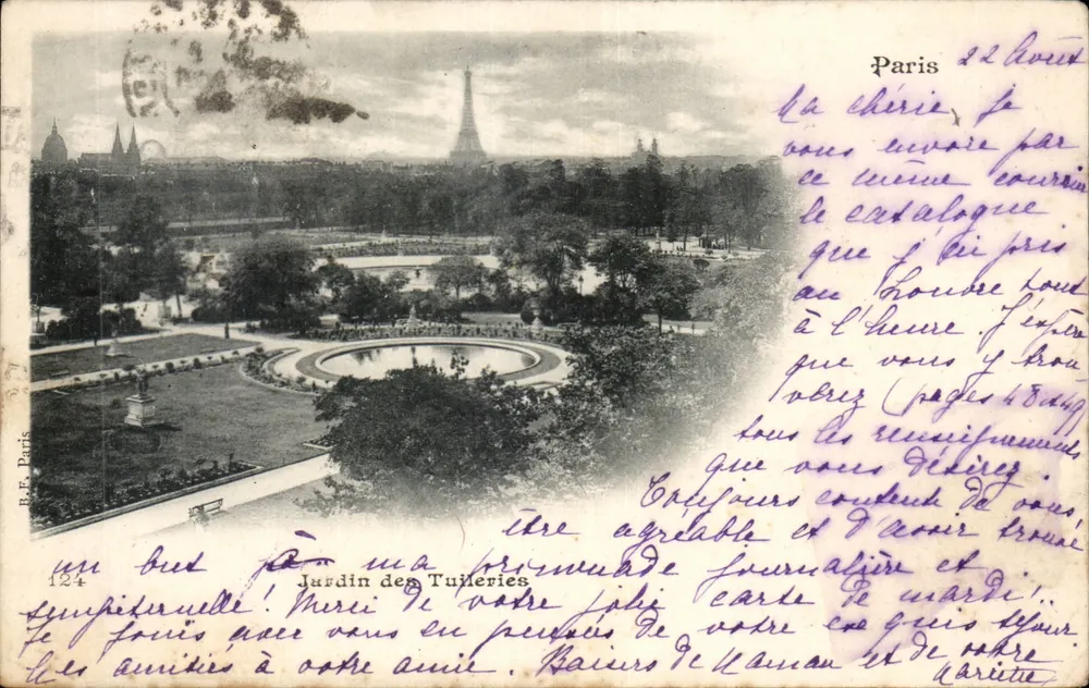 Jardim das Tuileries — vista com a Torre Eiffel — B.R.F. Paris n°124 - Frente