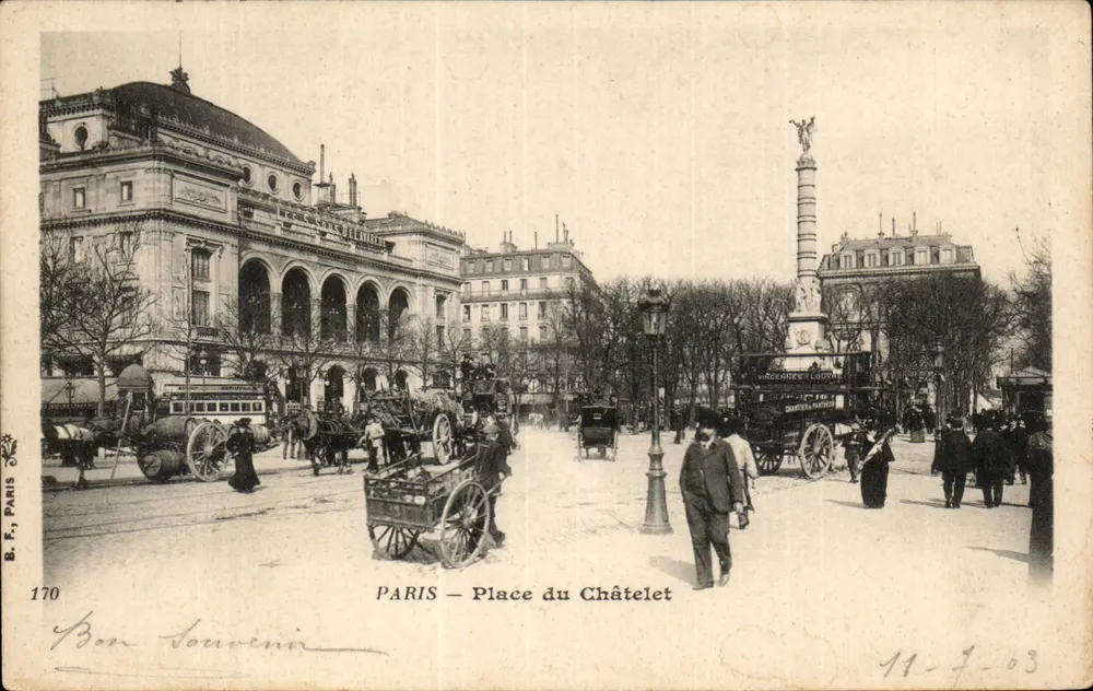 Paryż – Plac Châtelet — widok z monumentem i teatrem — B. F., Paryż, nr 170 - Awers