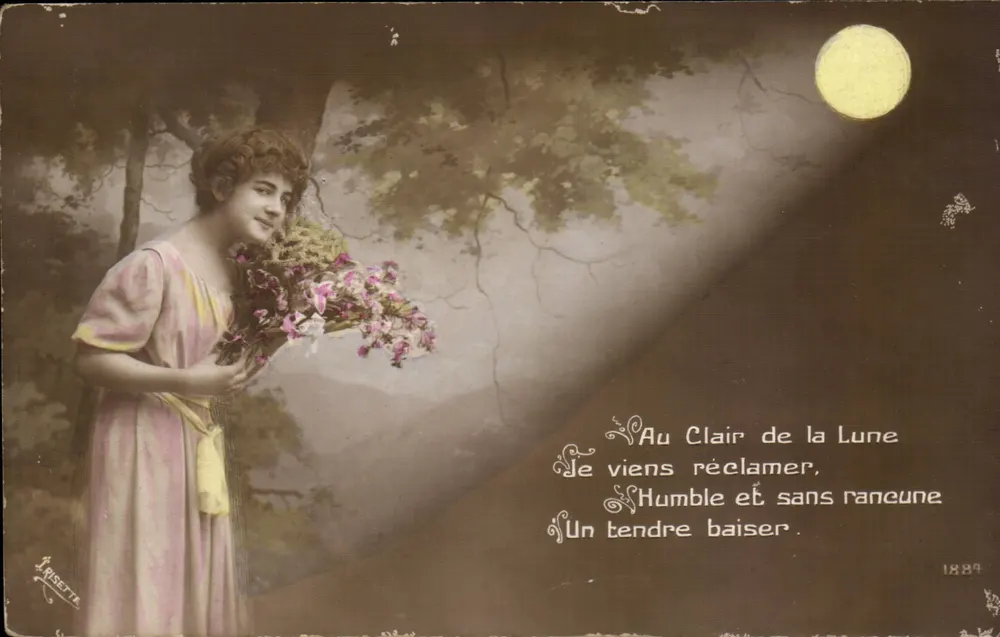 Junge Frau mit Blumenstrauß unter dem Mond — Au Clair de la Lune — L. Pisette, n° 1889 - Vorderseite
