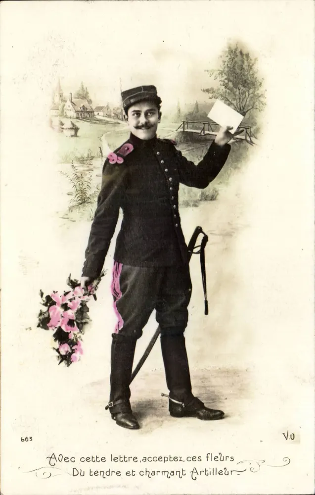 Artillerist — Soldat im Uniform mit Blumen und Brief — Universal Postverein, Nr. 663 - Vorderseite
