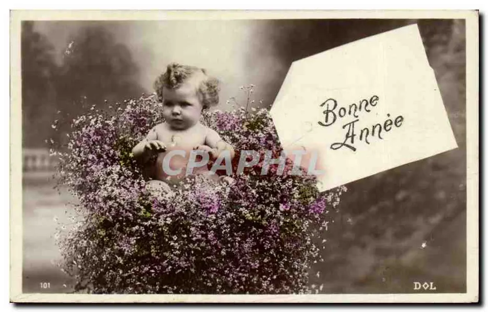 Baby in einem Blumenstrauß — Frohe Neujahr — DOL n°101 - Vorderseite