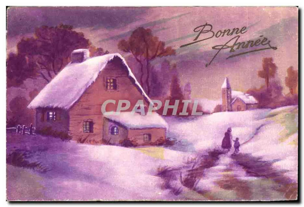 Winterlandschaft mit schneebedecktem Haus — Frohe Neujahr — M.G.A. (französische Herstellung) Nr. 1289 - Vorderseite