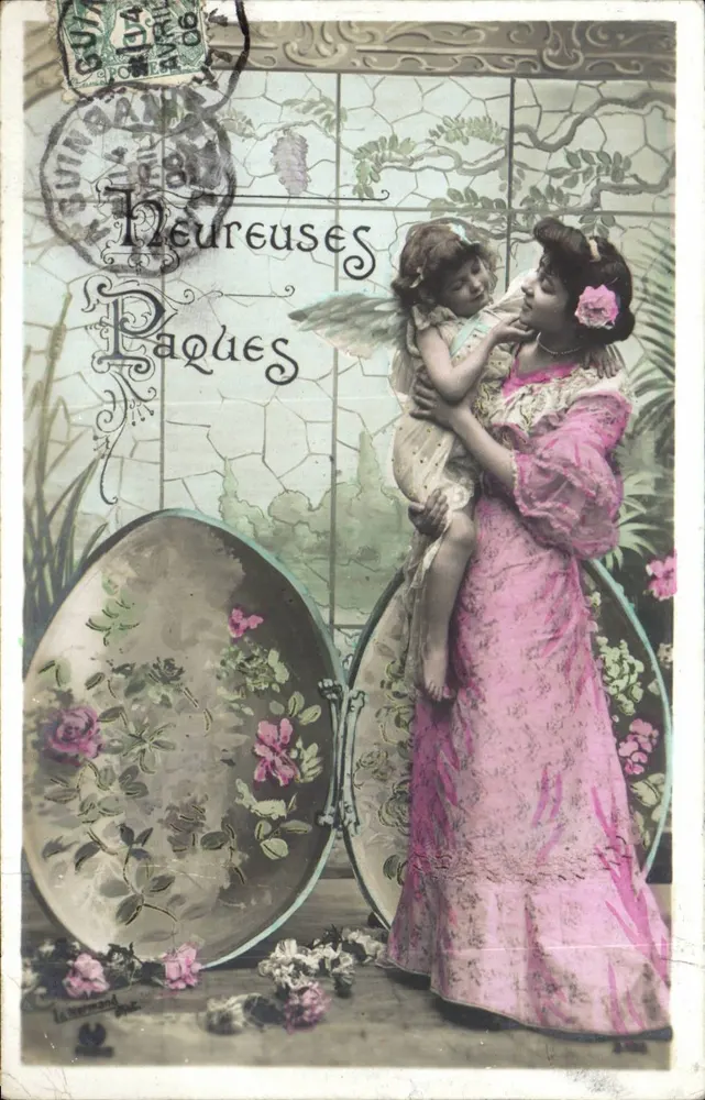 Frau in einem rosa Kleid mit einem Kind — Frohe Ostern — Verleger Guinamp, n° 144 - Vorderseite