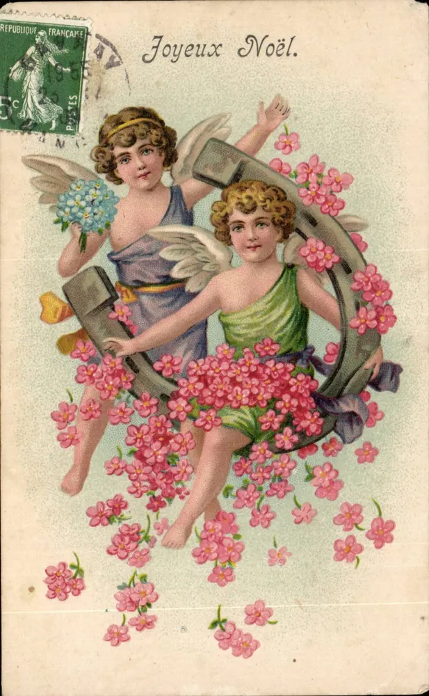 Zwei Engel in einem blumigen Kreis — Frohe Weihnachten — République Française, 5c - Vorderseite