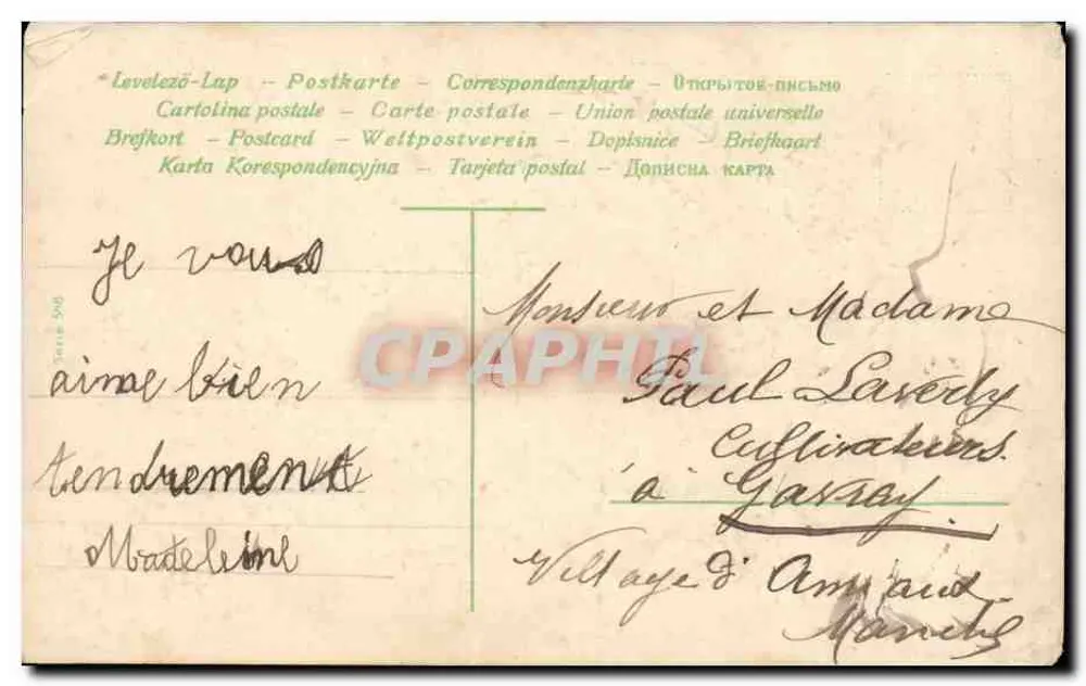 Zwei Engel in einem blumigen Kreis — Frohe Weihnachten — République Française, 5c - Rückseite