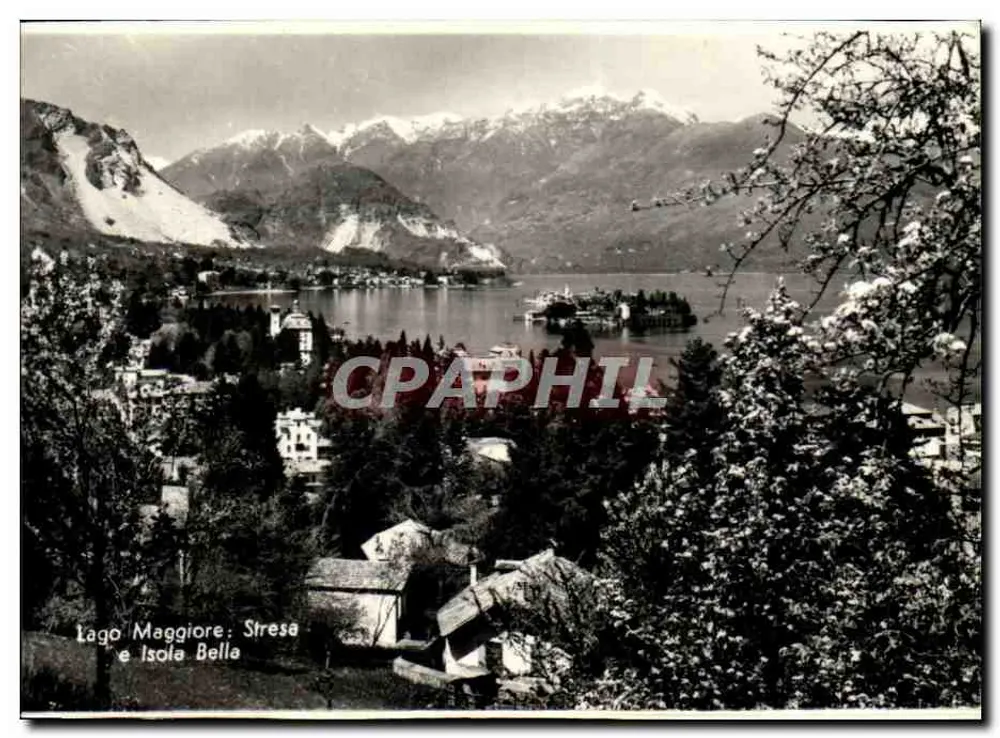 Lago Maggiore: Stresa und Isola Bella — Panoramablick mit schneebedeckten Bergen — Verleger nicht sichtbar - Vorderseite