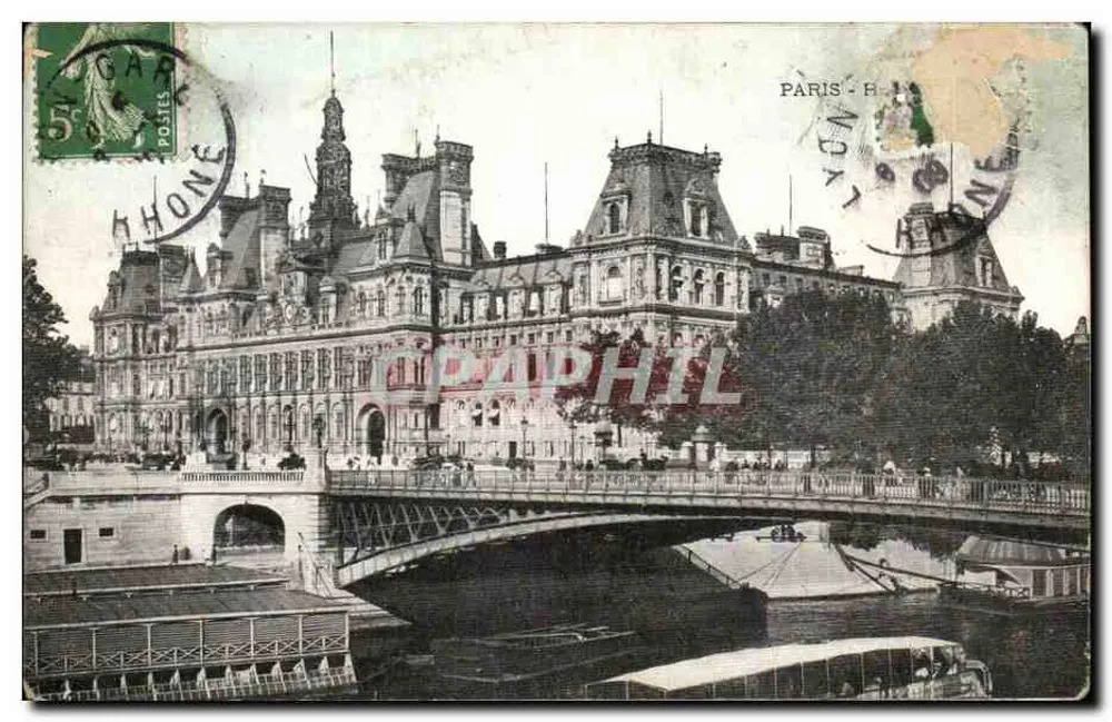 Hotel de Ville de Lyon — visão com ponte e Saône — editor desconhecido - Frente