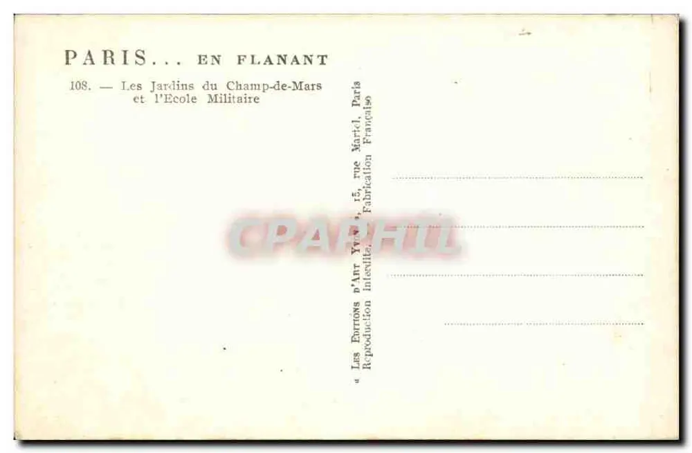 Die Gärten des Champ-de-Mars und die Militärschule — Paris — Éditions d'Air Yvon, 15 rue Martel, Paris - Rückseite