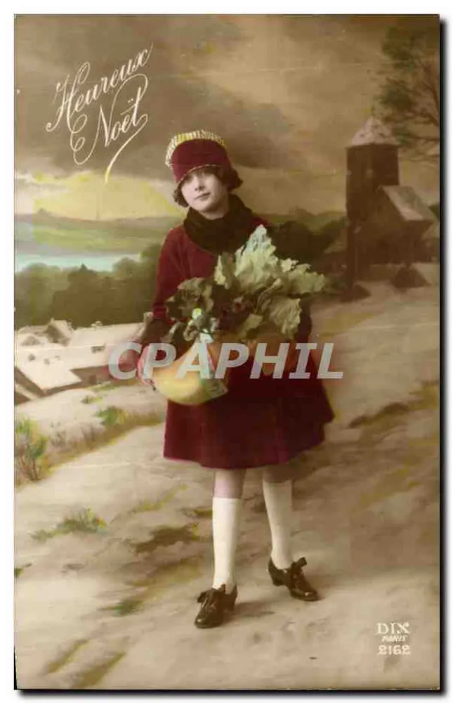 Girl in a red dress holding a bouquet — 'Merry Christmas' — publisher Dix, Paris, no. 8162 - Front