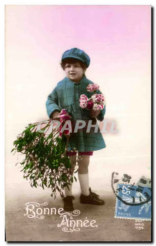 Kind mit Blumenstrauß — Frohe Neujahr — Paris 734 - Vorderseite