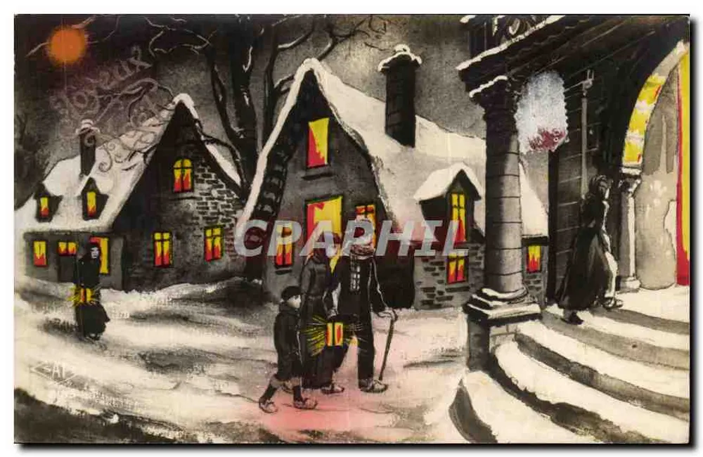 Winterlandschaft mit verschneitem Dorf — anonymer Verleger, Seriennummer nicht sichtbar - Vorderseite