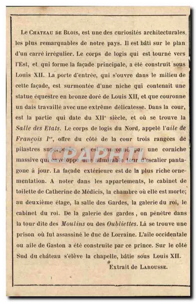 Castelo de Blois — vista geral — extrato de Larousse - Verso