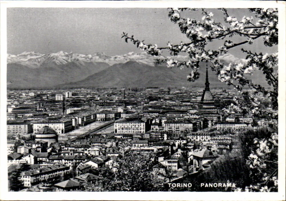 Turín - Panorama — vista aérea con montañas nevadas y flores en primer plano — editor no visible - Anverso