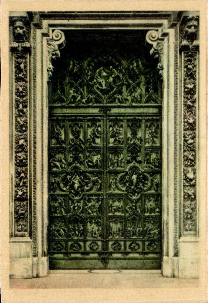 Porta Maggiore do Duomo — obra em bronze de Lodovico Pogliaghi — inaugurada em 8 de setembro de 1906 - Frente